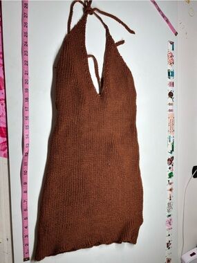 Boho Crochet Knit Halter Rust Brown Backless Festival Summer coverup